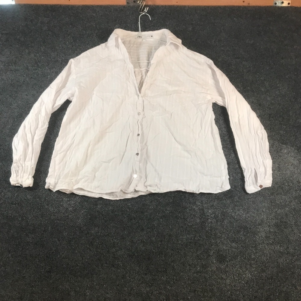 Zara Shirt Women Medium White Striped Cotton Pleated Collared Snap Front Classic